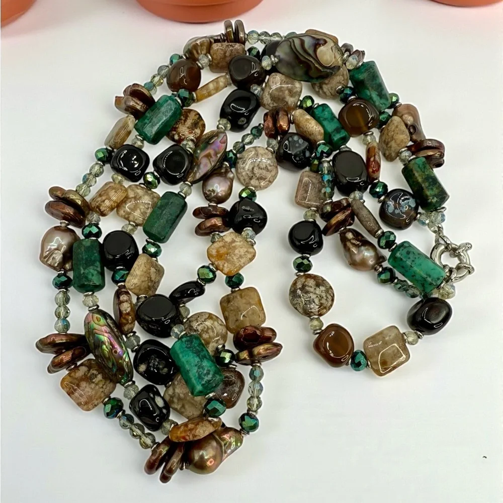 Three-Strand Multi-Gemstone Flameball Pearl Shell & Crystal Necklace 18” 20” 22” - Picture 14 of 17
